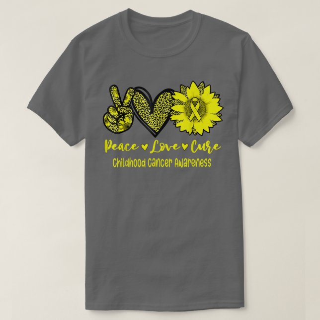 Camiseta Peace Love Cure Sunflower Ribbon Chilhood Cancer (Frente do Design)