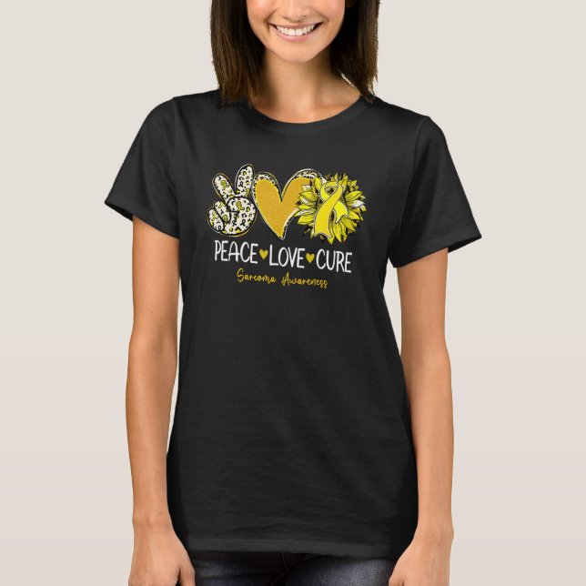 Camiseta Peace Love Cure Sunflower Yellow Ribbon Aw Sarcoma (Frente)