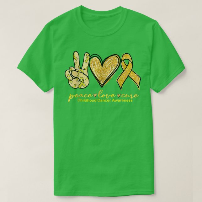 Camiseta Peace Love Cure Yellow Ribbon Chilhood Cancer Awa (Frente do Design)