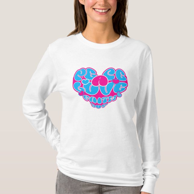 Camiseta Peace Love Faith Joy Aqua Pink Heart Retro (Frente)