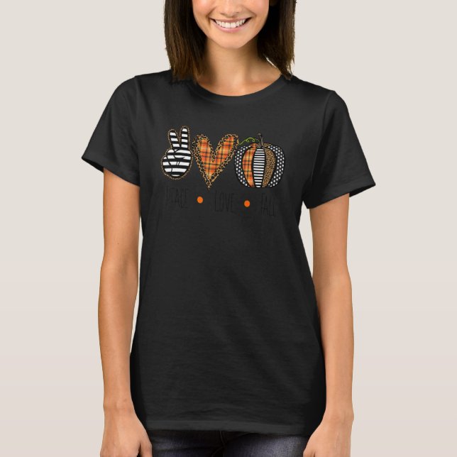 Camiseta Peace Love Fall Autumn Pumpkins Orange Xadrez (Frente)