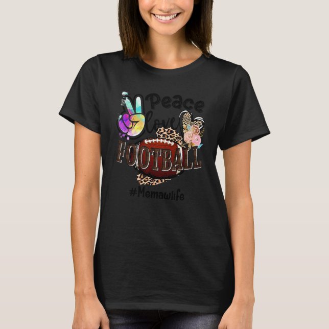 Camiseta Peace Love Football Memaw Life Mãe Avó Leopardo (Frente)