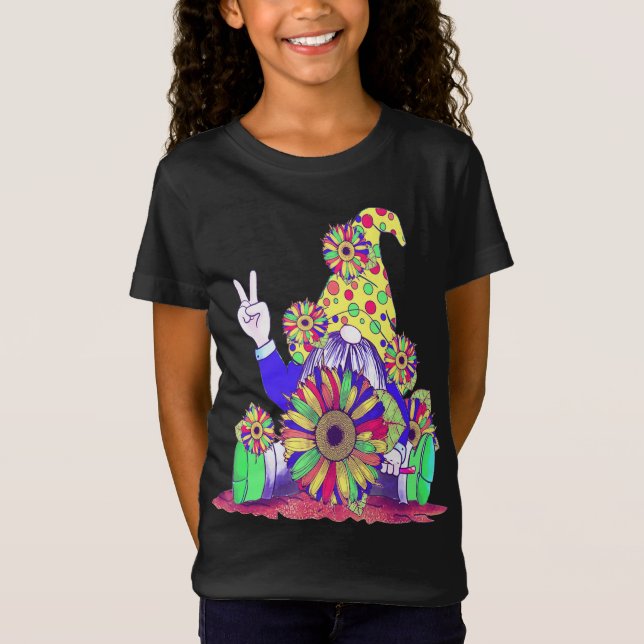 Camiseta Peace Love Gnomo Hippie Gnomes Carnaval Cores Dec (Frente)