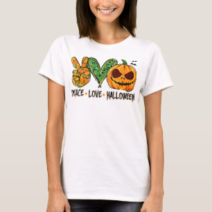 Camiseta Peace Love Halloween Leopard Pumpkin Happy Hallowe