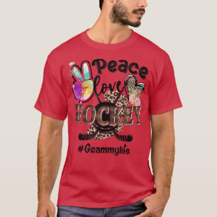 Camiseta Peace Love Hockey Life Mãe Avó Leopardo