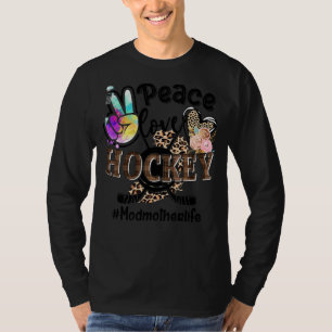 Camiseta Peace Love Hockey Modparent Life Mãe Avó Leopa