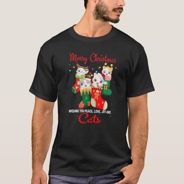 Camiseta Peace Love Joy And Cats In Sock Christmas For Cat (Frente)