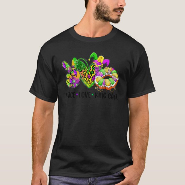 Camiseta Peace Love King Cake Mardi Gras Festival Te (Frente)