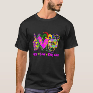Camiseta Peace Love King Cake Mardi Gras Party Carnaval 1