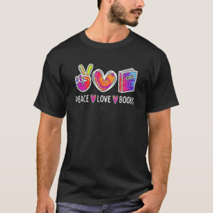Camiseta Peace Love Livros Bibliotecários Professores Lendo