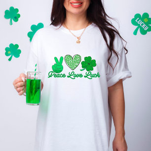 Camiseta Peace Love Luck Dia de São Patrício Lepard Verde