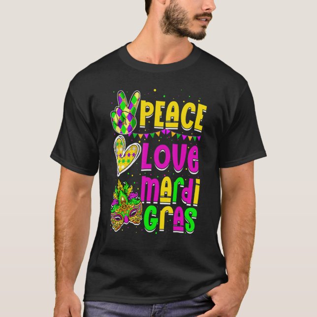 Camiseta Peace Love Mardi Gras Carnival Costume Festival Ma (Frente)