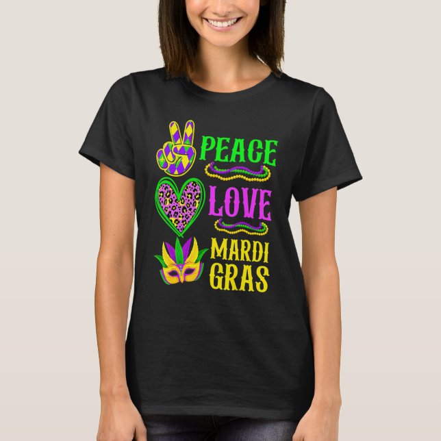 Camiseta Peace Love Mardi Gras Leopard Funny Festival Carni (Frente)