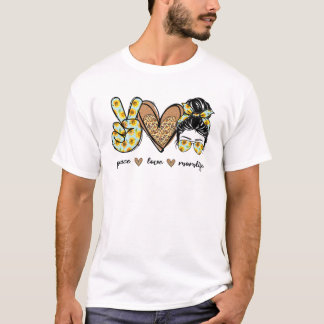 Camiseta Peace Love Momlife Leopard Mama Messy Bun