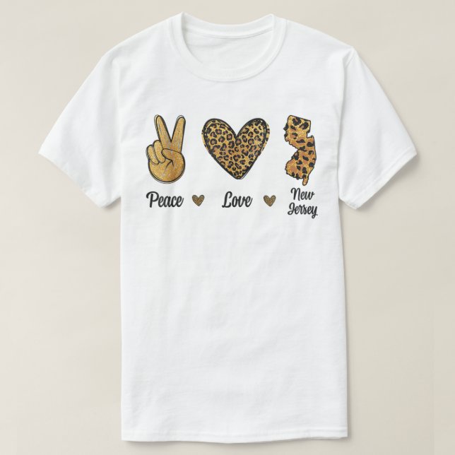 Camiseta Peace Love New Jersey Leopard Flag Map Souvenirs M (Frente do Design)