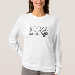 Camiseta Peace Love Pharmacy Life Tech Farmacêutica