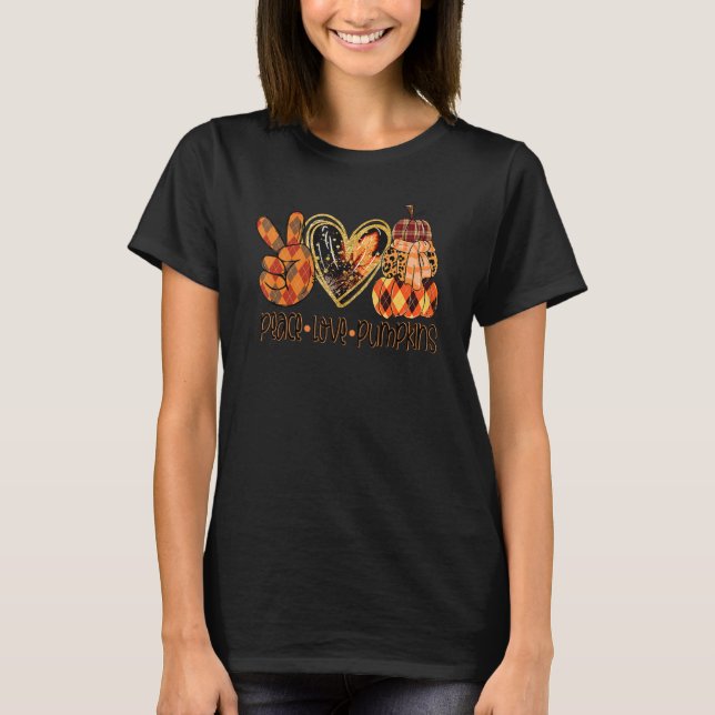 Camiseta Peace Love Pumpkins Leopard Orange Xadrez Queda Th (Frente)