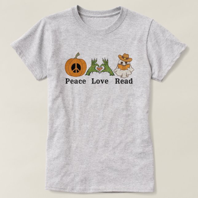 Camiseta Peace Love Read Halloween Western (Frente do Design)