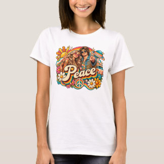 Camiseta Peace & Love – Retro 70s Hippie Rainbow