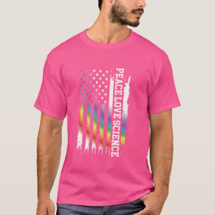 Camiseta Peace Love Science Estados Unidos Arco-Íris com ba