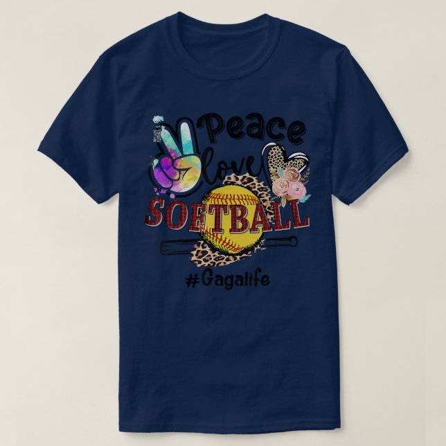 Camiseta Peace Love Sofball Gaga Life Mãe Avó Leopardo (Frente do Design)