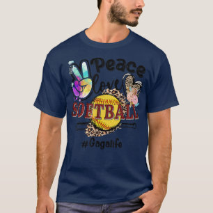 Camiseta Peace Love Sofball Gaga Life Mãe Avó Leopardo