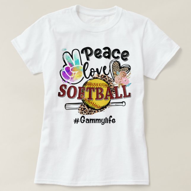 Camiseta Peace Love Softball Gammy Life Mom Grandma Leopard (Frente do Design)