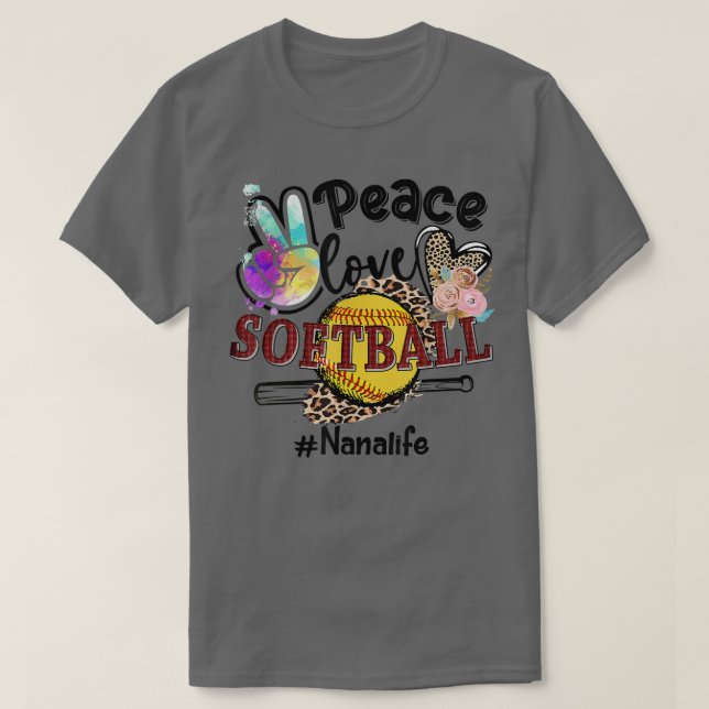 Camiseta Peace Love Softball Nana Life Mãe Avó Leopardo (Frente do Design)