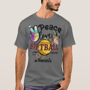 Camiseta Peace Love Softball Nana Life Mãe Avó Leopardo