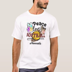 Camiseta Peace Love Softball Nanna Life Mãe Avó Leopardo