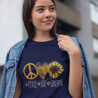 Camiseta Peace Love Sunshine Dourada Gliter Flower