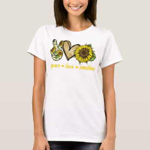 Camiseta Peace Love Sunshine Dourado Heart Sunflower