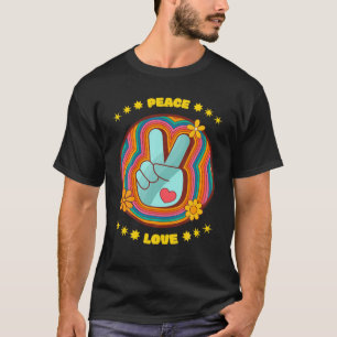 Camiseta Peace Love V Sign Heart Design Hippie Trend 60S 70