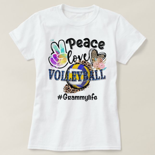 Camiseta Peace Love Voleibol Life Mãe Avó Leop (Frente do Design)