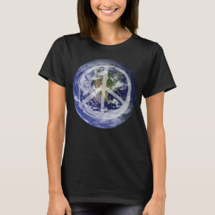 Camiseta PEACE no Planeta da Terra no Símbolo de Paz no Esp