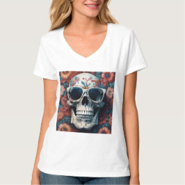 Camiseta Peach Floral 3D Morto Caveira vestindo óculos escu