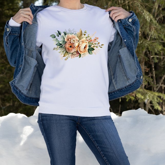 Camiseta Peach Greenerescente Botânica Aquarela Buquê Flora (Peach Watercolor Wildflower Bouquet with Greenery and Botanicals on White Sweatshirt)