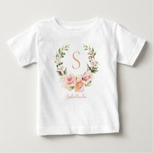 Camiseta Peachy Coral Rosa Wreath Nome Personalizado do Beb