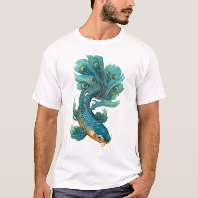 Camiseta Peacock fin koi em turquesa e ouro (Frente)