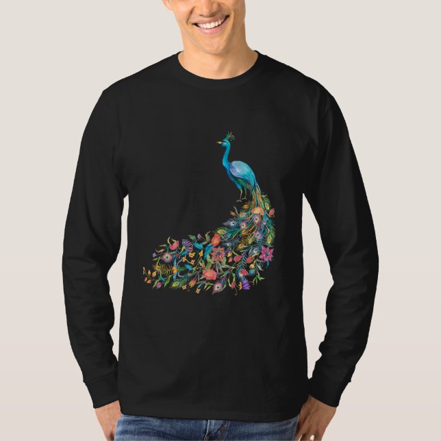 Camiseta Peacock Graphic Blue Teal Floral Tail Feathers Bir (Frente)