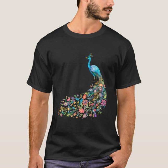 Camiseta Peacock Graphic Blue Teal Floral Tail Feathers Bir (Frente)