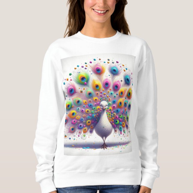 Camiseta "Peacock Parade: Tee feminino multicolor" (Frente)