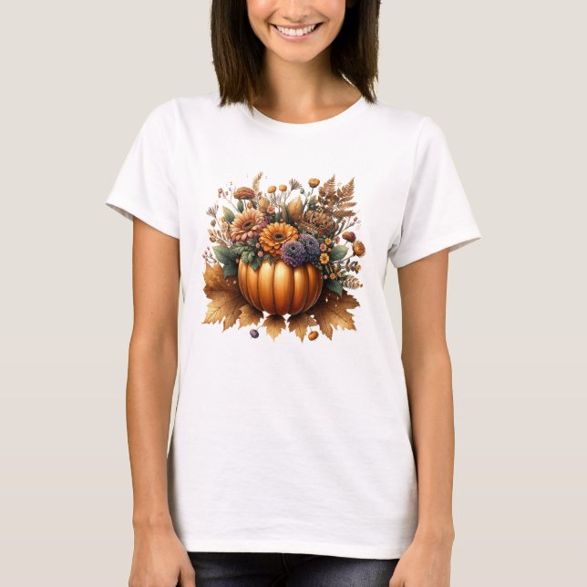 Camiseta Peça de Abóbora Floral com Flor de outono (Frente)