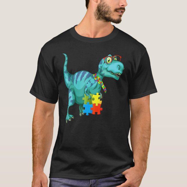 Camiseta Peça de Puzzle do Dinossauro T Rex Conscientização (Frente)