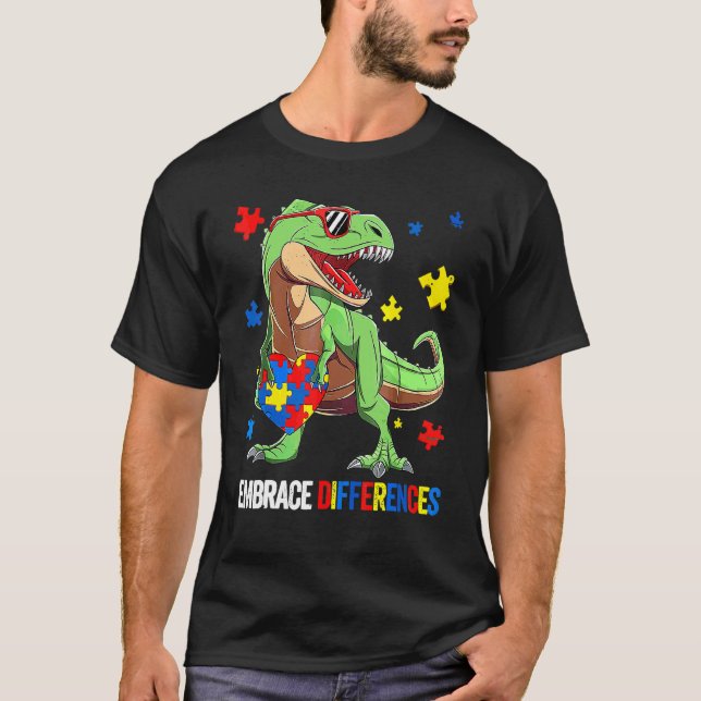 Camiseta Peça de Quebra-Cabeça Autismo T Rex Dinossauro Abr (Frente)