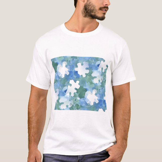 Camiseta Peça de Quebra-cabeça pintada de serra em azul e v (Frente)