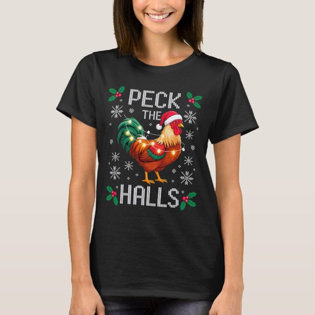 Camiseta Peck The Halls Chicken Christmas Lights Snowflakes (Frente)