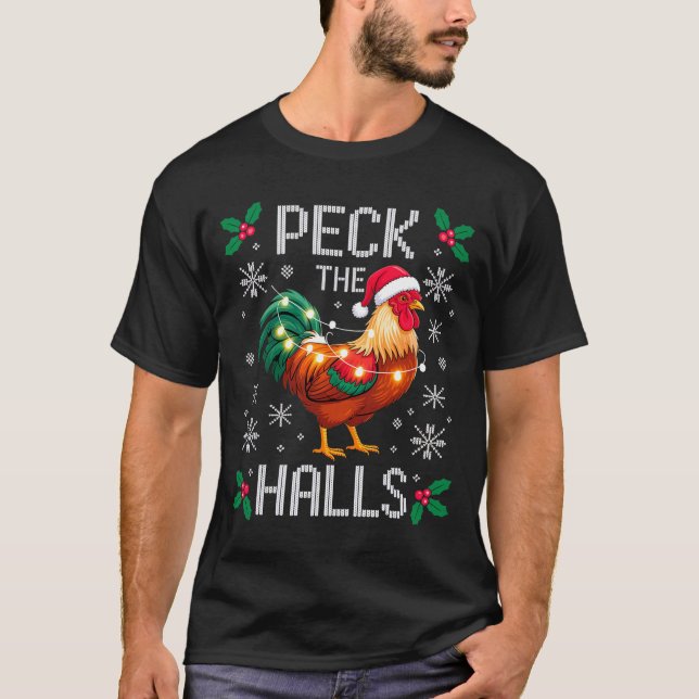 Camiseta Peck The Halls Chicken Christmas Lights Snowflakes (Frente)