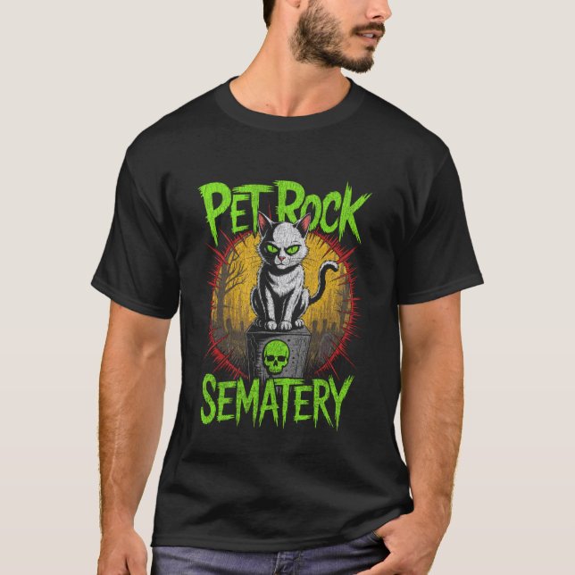 Camiseta Pedra de Estimação Gato Sinistro em Lápide de Cave (Frente)