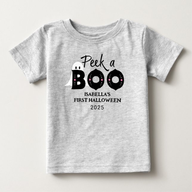 Camiseta "Peek A Boo Personalised Baby's 1rua Halloween" (Frente)